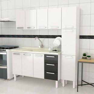 Cozinha Completa de Aço Gabinete Para Pia 140cm com Aéreo e Paneleiro Vênus Cozimax Branco/Preto