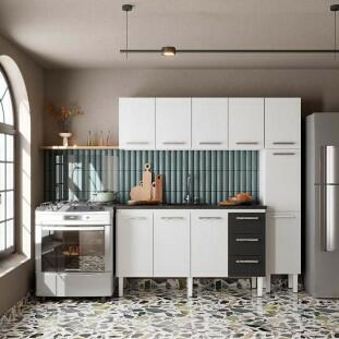 Cozinha de Aço Gabinete Para Pia 160cm com Armário Aéreo Vênus Cozimax Branco/Preto