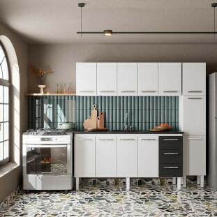 Cozinha de Aço Gabinete Para Pia 180cm com Armário Aéreo Vênus Cozimax Branco/Preto