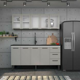 Cozinha Completa Gabinete Para Pia 180 e Armário Aéreo Porta Vidro Juno/Apolo 4 Gavetas Cozimax Cinza Argila
