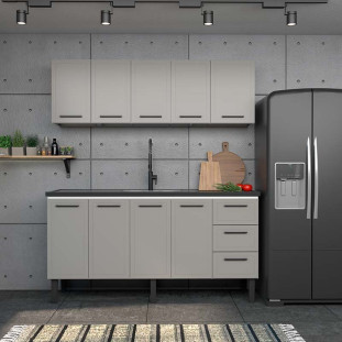 Balcão de Aço Com Tampo Madeira 174x91x52cm 4 Portas 4 Gavetas Juno 180 Cozimax Cinza/Preto