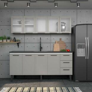 Cozinha Completa Gabinete Para Pia 200 e Armário Aéreo Porta Vidro Juno/Apolo 4 Gavetas Cozimax Cinza Argila
