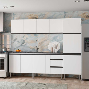 Balcão Para Cozinha de Aço 3 Portas 3 Gavetas e Porta Tempero Gaia 200 Com Tampo Cozimax Branco 