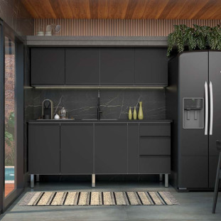 Gabinete de Aço Para Pia 200cm 3 Gavetas 195x91x54cm Cozinha Gaia Cozimax Preto