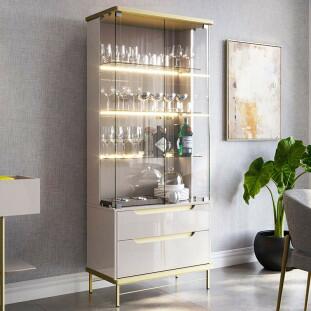 Cristaleira Com LED Vidro 182x76cm Adhalia Lukaliam Off White/Dourado