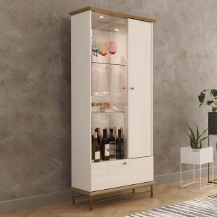 Cristaleira Com LED Vidro Espelho Pés de Aço 180x72cm Império Lukaliam Off White/Dourado