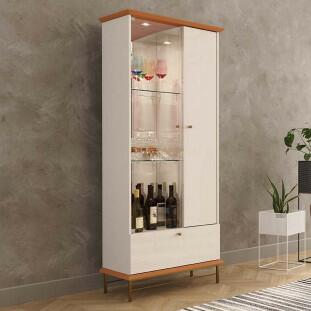 Cristaleira Com LED Vidro Espelho Pés de Aço 180x72cm Império Lukaliam Off White/Jequitiba