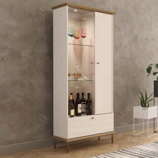 Cristaleira Com LED Vidro e Pés de Aço 180x72cm Império Lukaliam Off White/Dourado