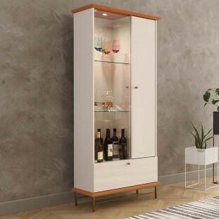 Cristaleira Com LED Vidro e Pés de Aço 180x72cm Império Lukaliam Off White/Jequitiba