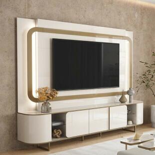 Estante Home Sala 240cm Para TV 75 Pol Atlanta Lukaliam Off White/Dourado