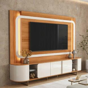 Estante Home Sala 240cm Para TV 75 Pol Atlanta Lukaliam Jequitiba/Off White