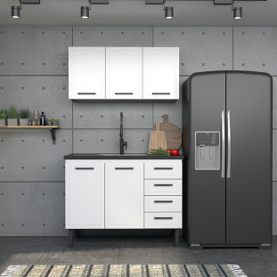 Balcão de Aço Com Tampo Madeira 117x91x52cm 2 Portas 4 Gavetas Juno 120 Cozimax Branco/Preto