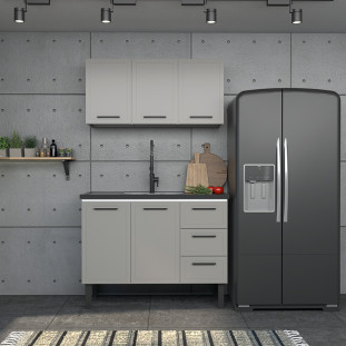 Balcão de Aço Com Tampo Madeira 117x91x52cm 2 Portas 4 Gavetas Juno 120 Cozimax Cinza/Preto