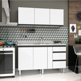Cozinha Completa Balcão Com Tampo e Armário Aéreo Gaia 150 Cozimax Branco 