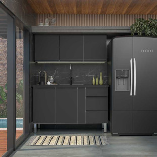 Cozinha Completa Balcão Com Tampo e Armário Aéreo Gaia 150 Cozimax Preto