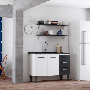 Gabinete de Aço Para Pia de 120cm 2 Portas 3 Gaveta 117x85x50cm Atena Cozimax Branco/Preto