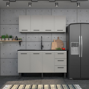 Balcão de Aço Com Tampo Madeira 153x91x52cm 3 Portas 4 Gavetas Juno 160 Cozimax Cinza/Preto