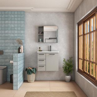 Conjunto Para Banheiro Aço Gabinete com Espelho Ameixa 60 Cozimax Cinza