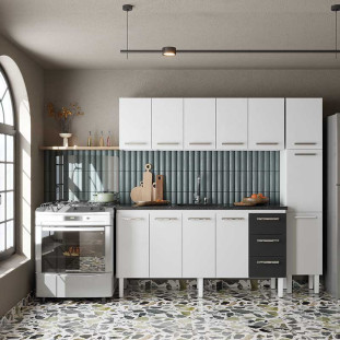 Balcão de Aço Cozinha 174x92x52cm 3 Gavetas Com Tampo Jequitiba Vênus 180 Cozimax Branco/Preto