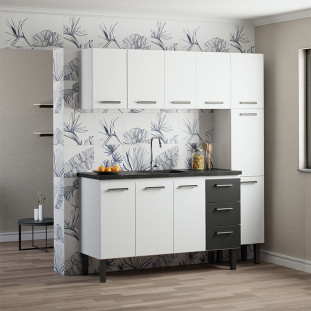 Cozinha de Aço Gabinete Para Pia 150cm com Armário Aéreo Novo Vênus Cozimax Branco/Preto