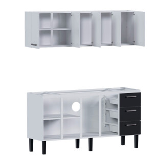 Cozinha de Aço Gabinete Para Pia 180cm com Armário Aéreo Novo Vênus Cozimax Branco/Preto