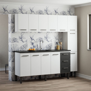 Cozinha Completa de Aço Gabinete Para Pia 180cm com Aéreo e Paneleiro Novo Vênus Cozimax Branco/Preto