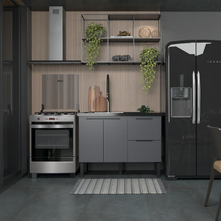 Balcão Buffet Cozinha com Tampo 114x85x51cm Cisne 120 Cozimax Cinza/Preto