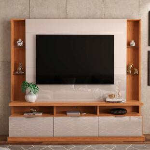 Estante Home Sala 207cm Para TV 70 Pol 3 Portas Bilbao Lukaliam Jequitiba/Off White Perolizado