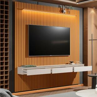 Home Suspenso Ripado Led 3 Gavetas 230cm Para TV 85" Colorado EDN Cedro/Off White