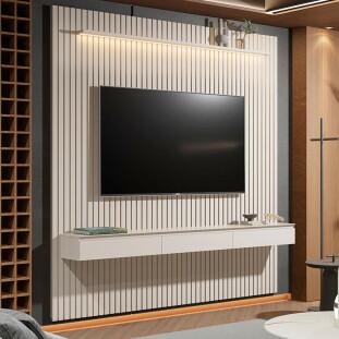 Home Suspenso Ripado Led 3 Gavetas 230cm Para TV 85" Colorado EDN Cedro/Off White