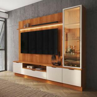 Estante Home + 1 Cristaleira Sala 225cm Para TV 75 Pol Atenas Lukaliam Jequitiba/Off White
