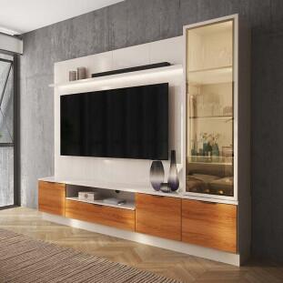 Estante Home + 1 Cristaleira Sala 225cm Para TV 75 Pol Atenas Lukaliam Off White/Jequitiba