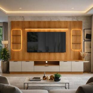 Estante Home + 2 Torres Sala 270cm Para TV 75 Pol Atenas Lukaliam Jequitiba/Off White
