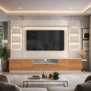 Estante Home + 2 Torres Sala 270cm Para TV 75 Pol Atenas Lukaliam Lukaliam Off White/Jequitiba