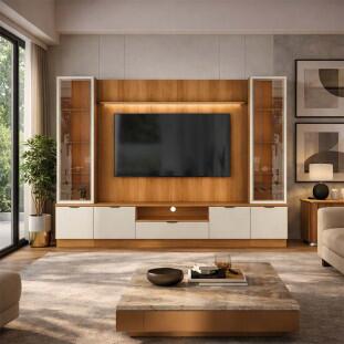 Estante Home + 2 Cristaleiras Sala 270cm Para TV 75 Pol Atenas Lukaliam Jequitiba/Off White