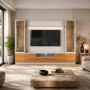 Estante Home + 2 Cristaleiras Sala 270cm Para TV 75 Pol Atenas Lukaliam Off White/Jequitiba