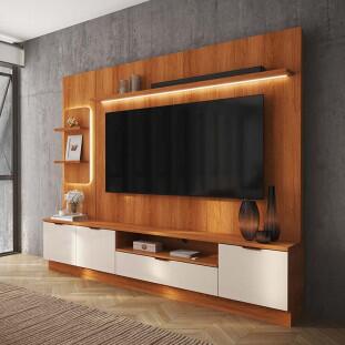 Estante Home + 1 Torre Sala 225cm Para TV 75 Pol Atenas Lukaliam Jequitiba/Off White