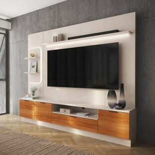 Estante Home + 1 Torre Sala 225cm Para TV 75 Pol Atenas Lukaliam Off White/Jequitiba