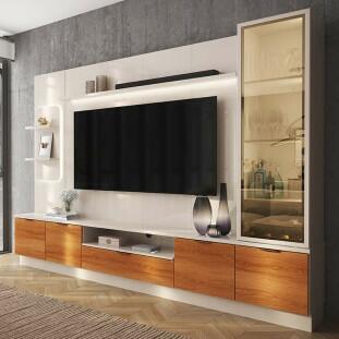 Estante Home Com Torre e Cristaleira 270cm TV 75 Pol Atenas Lukaliam Off White/Jequitiba