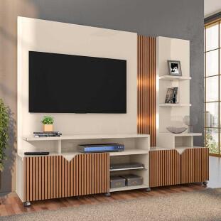 Estante Home 210cm Sala Para TV 55 Pol Com LED Cross 2.1 Lukaliam Off White/Tauari Ripado