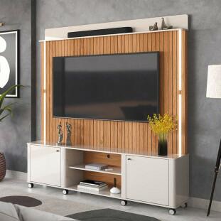 Estante Home Sala 183cm Com LED TV 75 Pol Florença Lukaliam Off White/Jequitiba Ripado 3D
