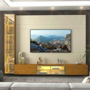 Home Com Cristaleira Para TV 85 Pol Com LED 255cm Luminare Gelius Off White/Naturale 