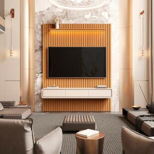 Home Painel Ripado TV 75 Com LED Sala 184cm Trevi 1.9 EDN Cedro/Off White