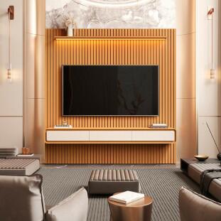 Home Painel Ripado TV 85 Com LED Sala 230cm Trevi 2.3 EDN Cedro/Cedro Off White