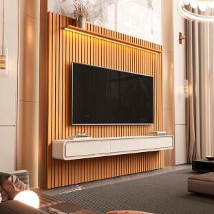 Home Painel Ripado TV 85 Com LED Sala 230cm Trevi 2.3 EDN Cedro/Off White