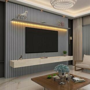 Home Ripado Para TV 85 Polegadas Com LED 230x250 Nobre Gelius Cinza/Off White
