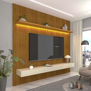 Home Painel Ripado 3D TV 75 Pol  224cm x 250cm Com LED Requinte Gelius Naturale/Off White