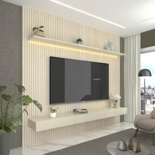Home Painel Ripado 3D TV 75 Pol  224cm x 250cm Com LED Requinte Gelius Off White