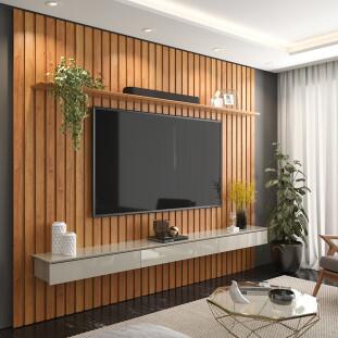 Home Painel Ripado 250x184cm Para TV 75 Supremo 1.8 Patrimar Cinamomo/Off White