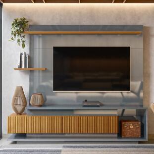 Estante Home Para TV 70 Polegadas 210cm Istambul Lukaliam Cinza Perolizado/Freijo Ripado